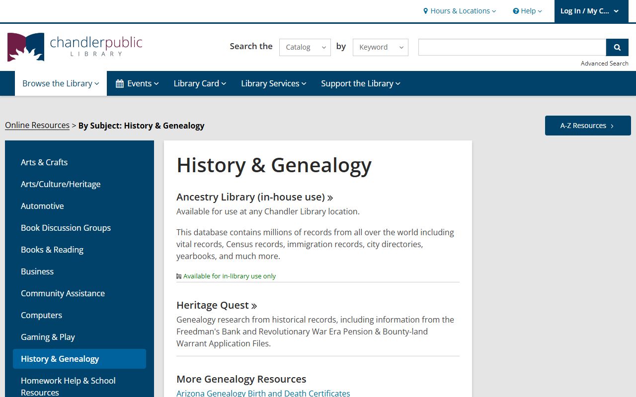 Chandler Public Library genealogy resources page for obituary research
