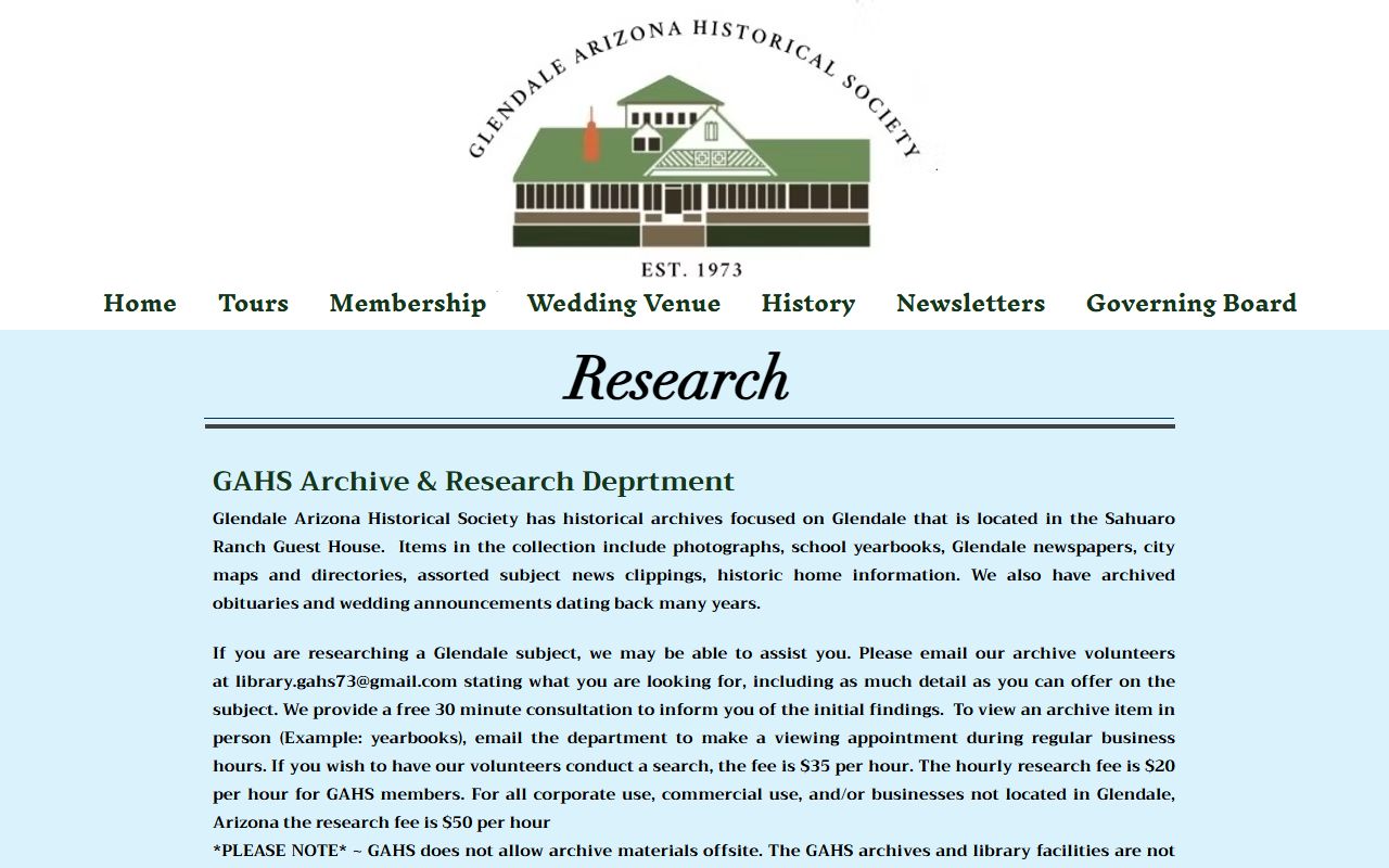 Glendale Arizona Historical Society research archives for obituary records
