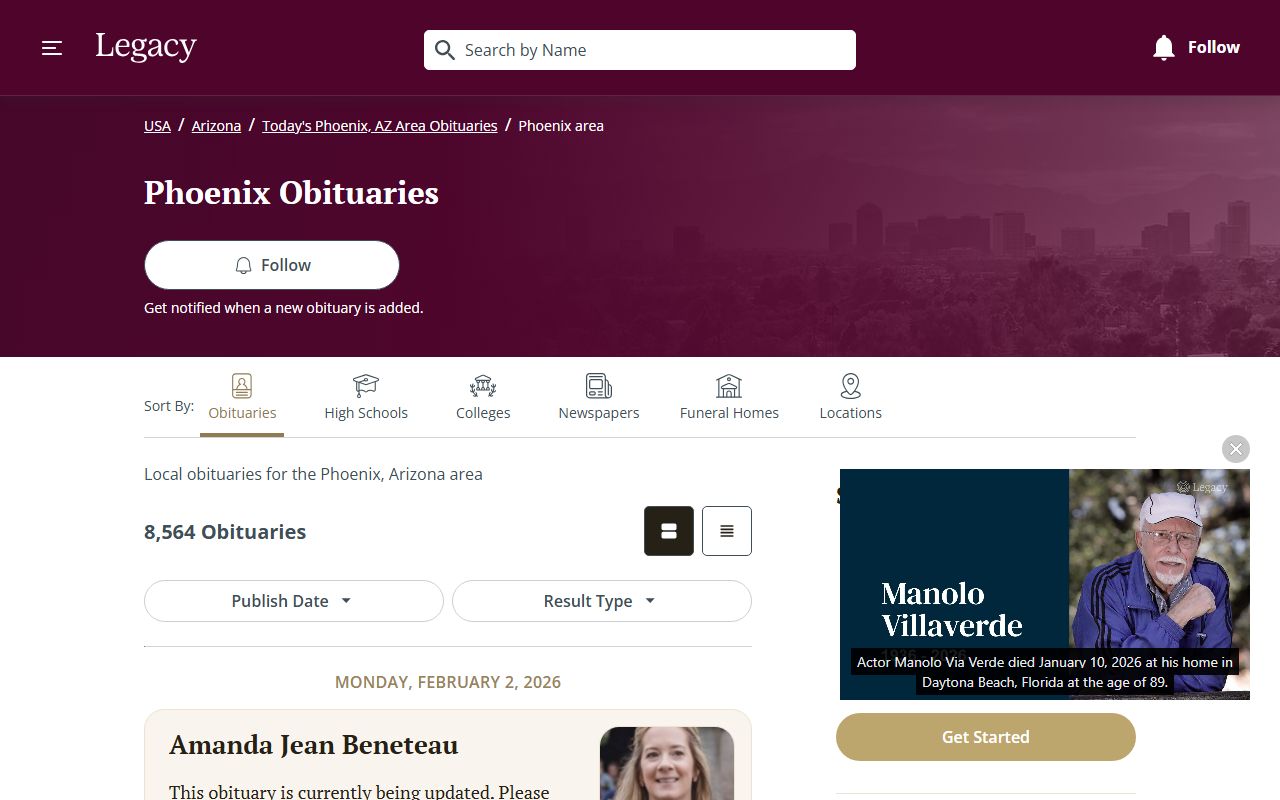 Legacy.com Phoenix Arizona obituary search page