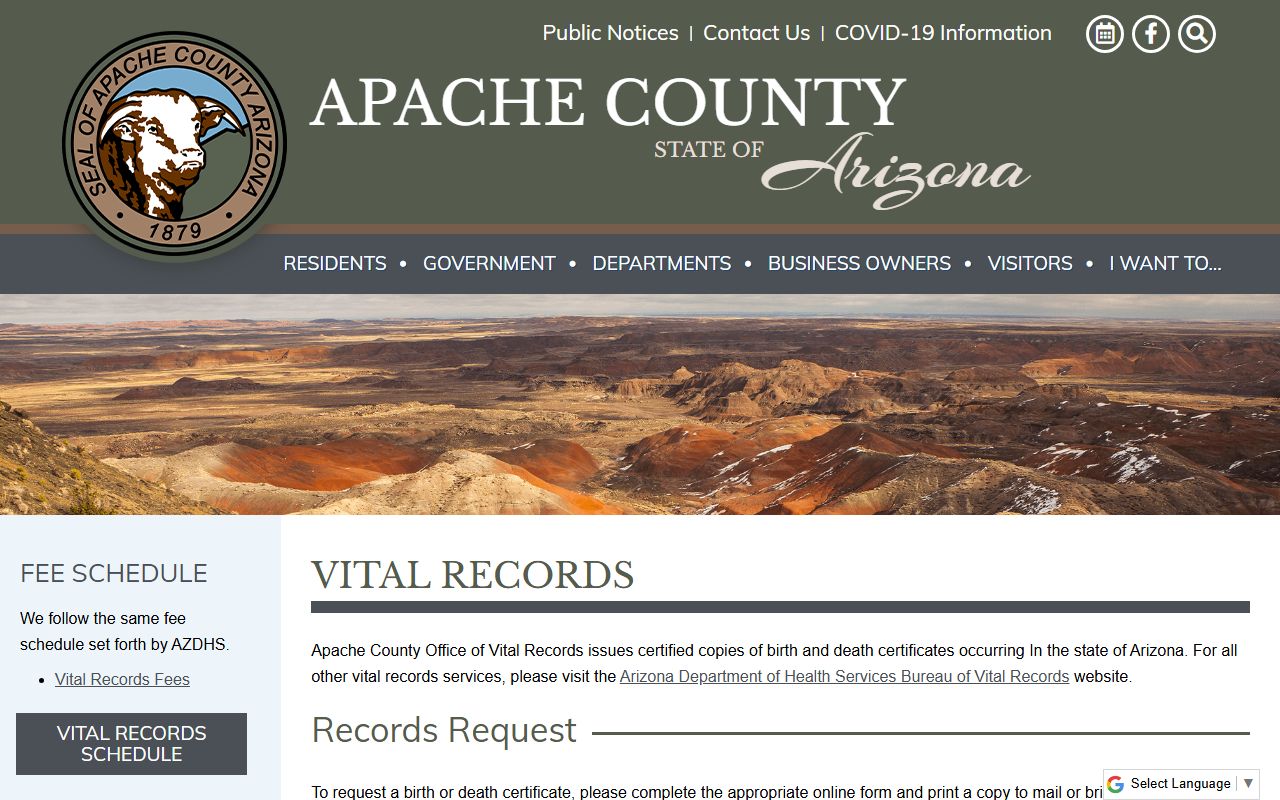 Apache County vital records office website for obituary and death certificate requests