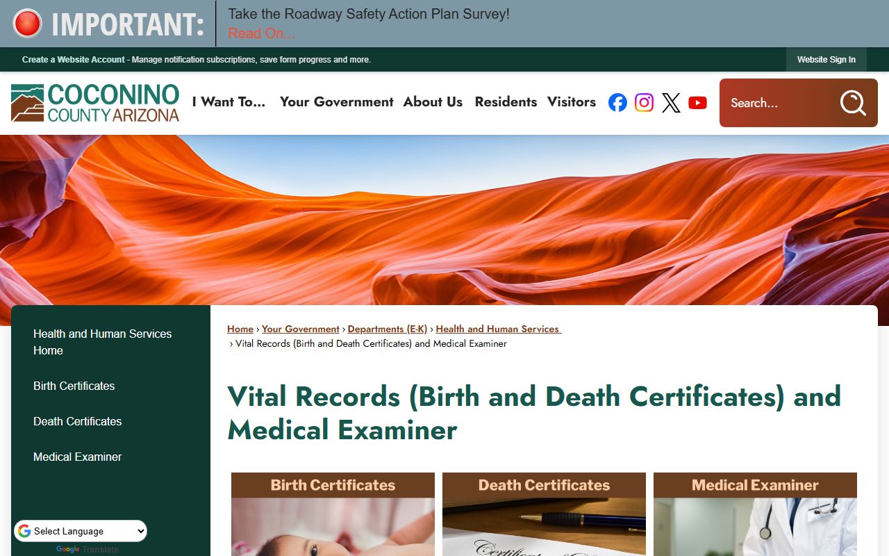 Coconino County Vital Records office information for obituary and death certificate requests