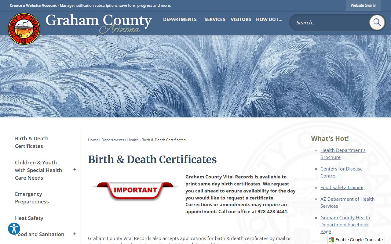 Graham County vital records office webpage for obituary and death certificate services