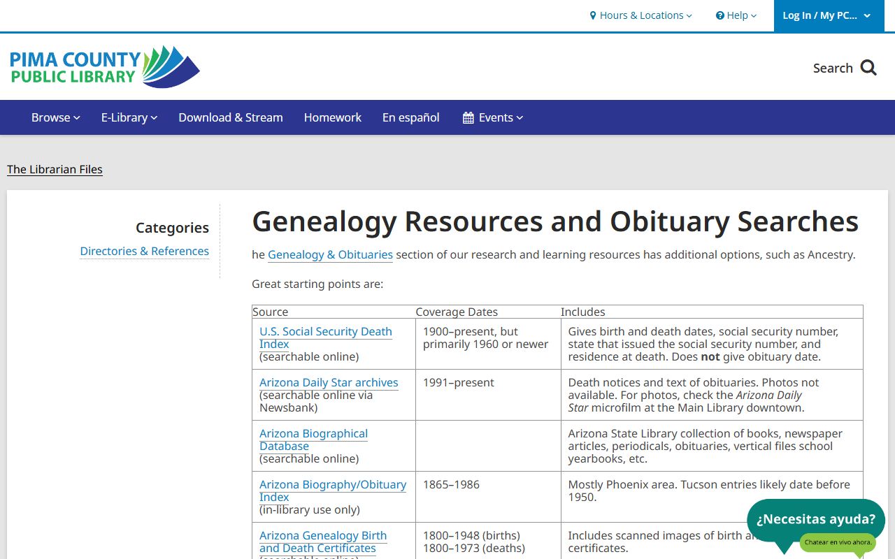 Pima County Public Library genealogy and obituary research resources page