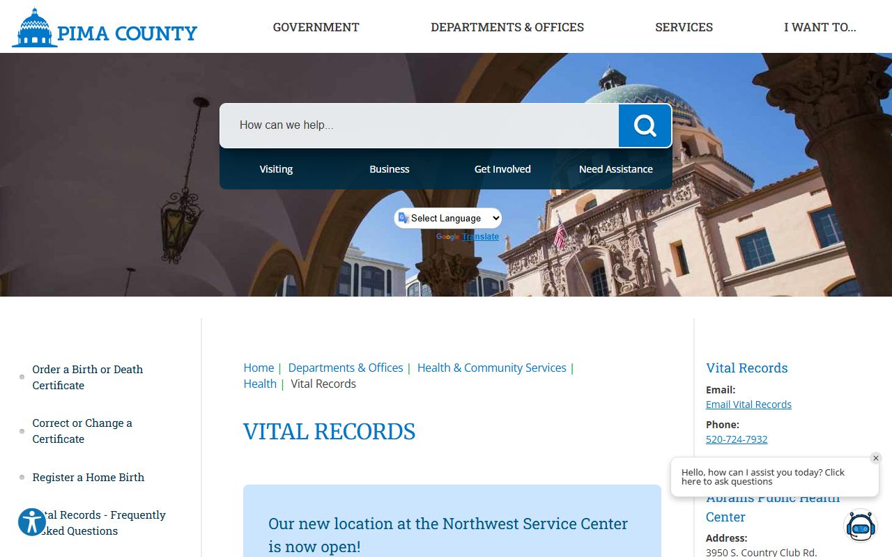 Pima County vital records main page with death certificate information