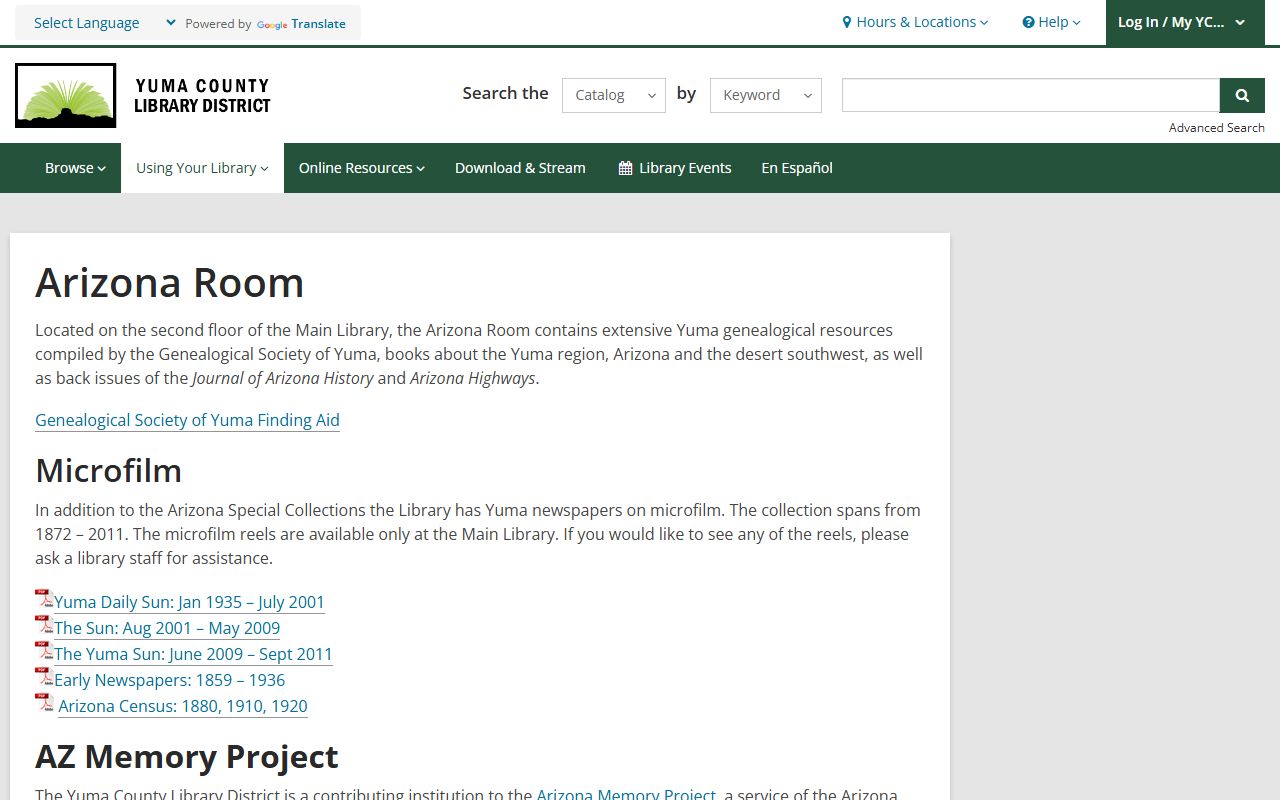 Yuma County Library Arizona Room genealogy and obituary resources
