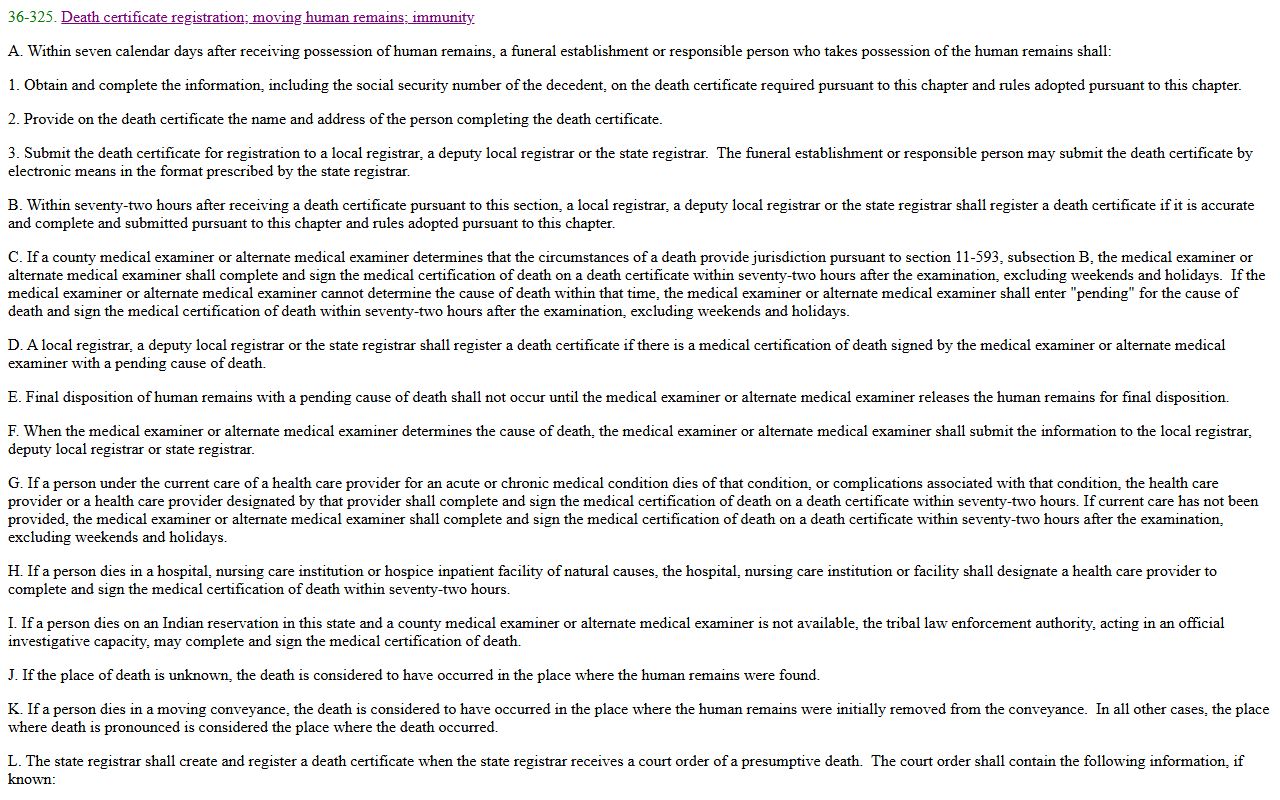 Arizona death certificate registration statute requirements