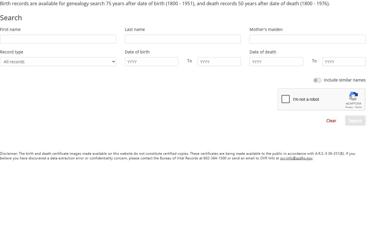 Arizona genealogy database search page for historical obituary records