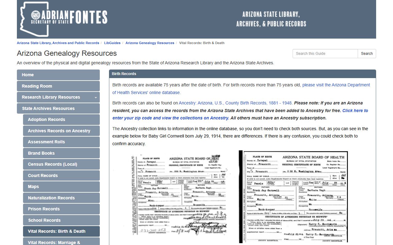 Arizona State Library genealogy guide for obituary lookups