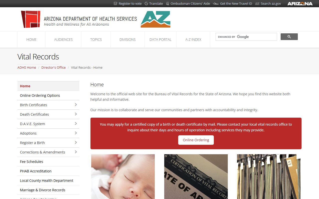 Arizona Bureau of Vital Records main page for obituary and death record requests